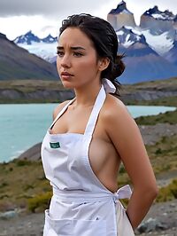 In Torres del Paine National Park a petite 19 year old Hispanic woman with black hair